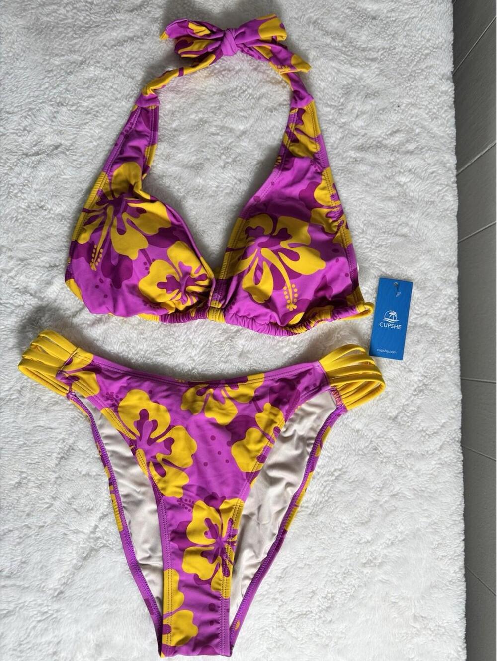 Cupshe Bikini Womens Medium Pink/Yellow Floral High Neck Halter 2 Piece Swim Set